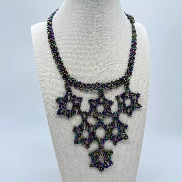Statement Necklace Seed Beads Peacock Colours Stars Handmade - Picture 1 of 8